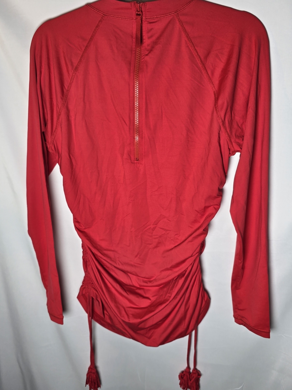 J. Crew Red Long-Sleeve Rashguard Ruched Side Drawstring Pompom Top Beach Sz L - Picture 7 of 8